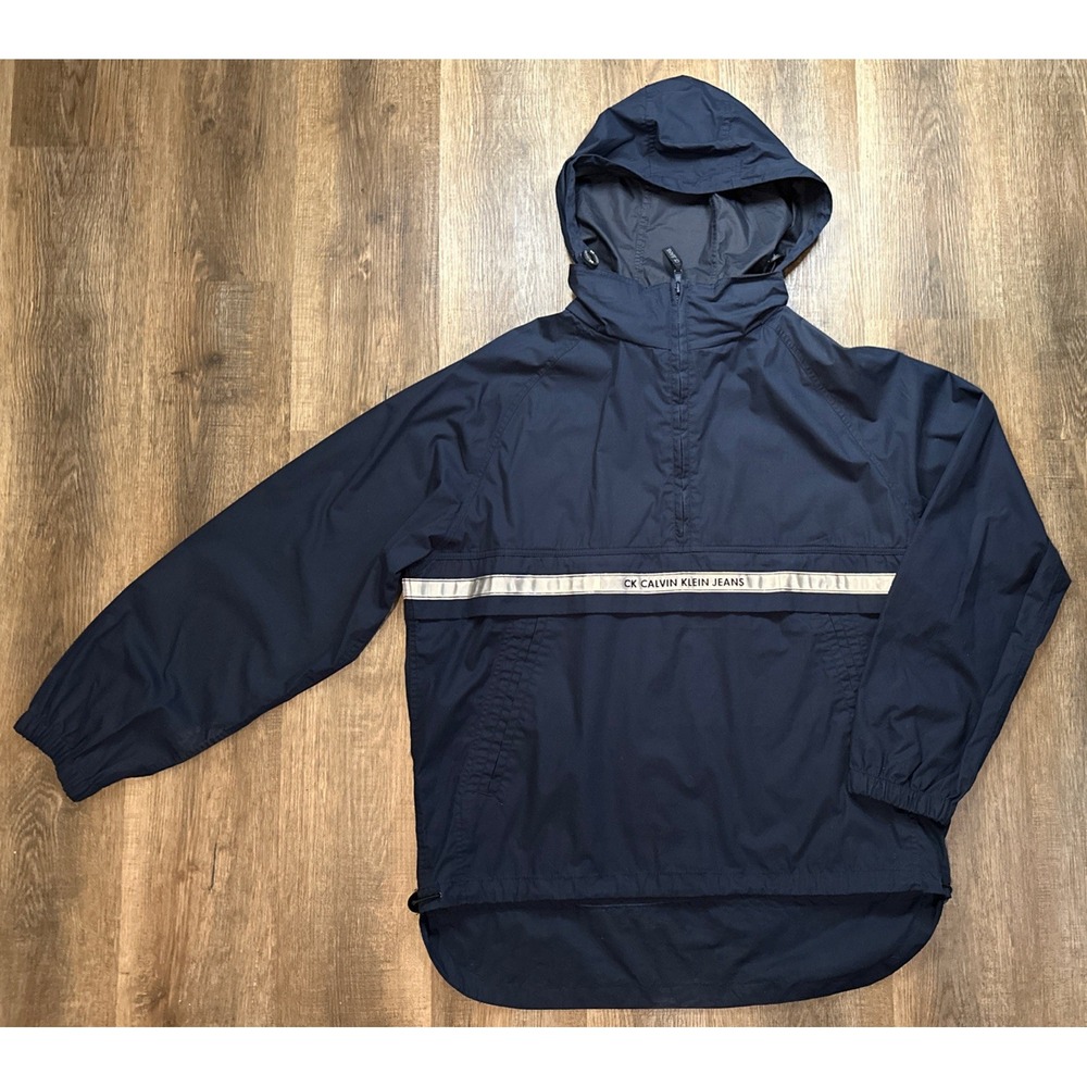 Vintage CK Calvin Klein Jeans 1/2 Zip Windbreaker Jacket Reflective Blue Mens L